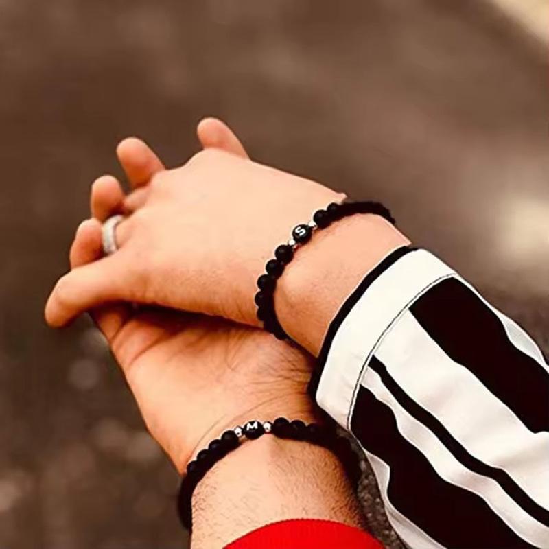 Initial Bracelet for Men and Woman Black Onyx 6mm Beads Bracelet with Letter Relationship Jewelry for Couples Alphabet bracelet
