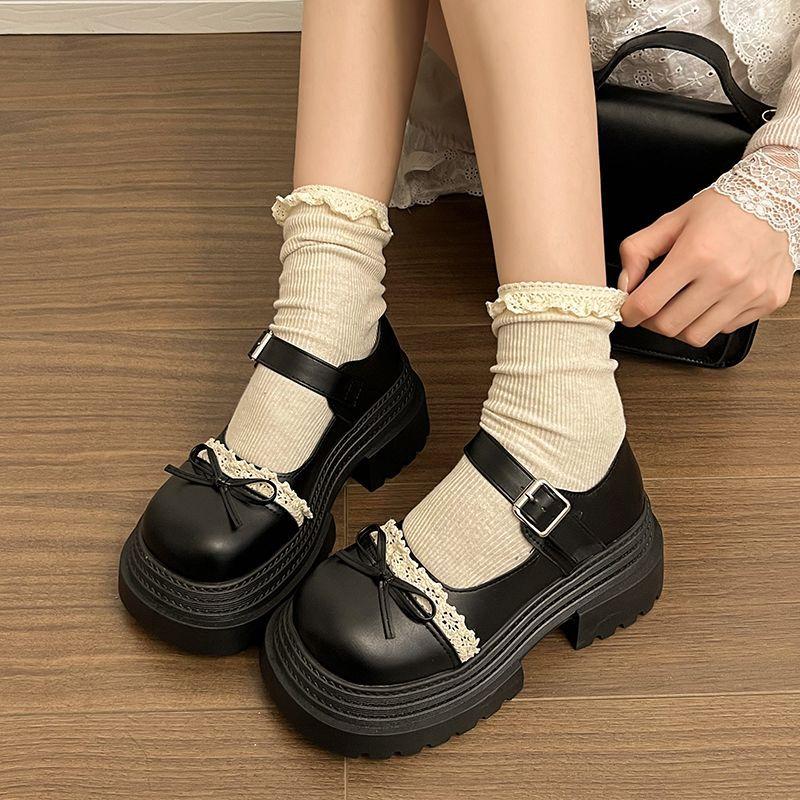

Japanese versatile thick-soled heightened lace with skirt, small leather shoes, spring bow design sense Mary single shoes 40