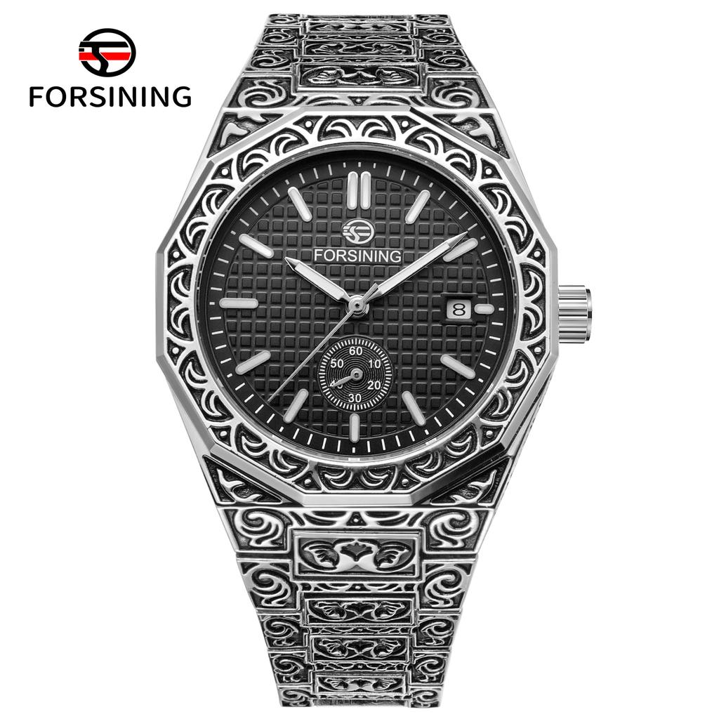 FORSINING Original Designer Luxury Man Vintage Watch Date Automatic Movement Mechanical Clock Stainless Steel Skeleton Military