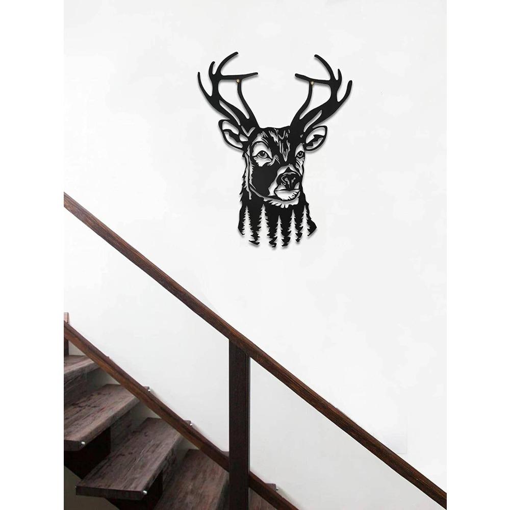 1 Piece Deer Head Wall Art Wrought Iron Home Decor Lodge Rustic Metal Animal Sculpture Antler Mount Hanging Ornament