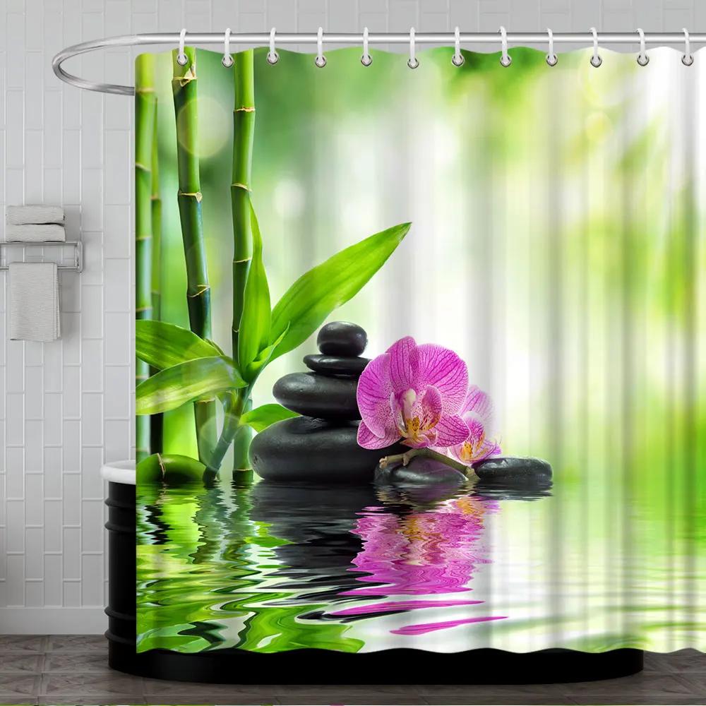 

Beach Zen Shower Curtain Meditation Stonecrop Flower Green Zen Landscape Waterproof Shower Curtain Home Bathroom Decoration Set W90XH180cm