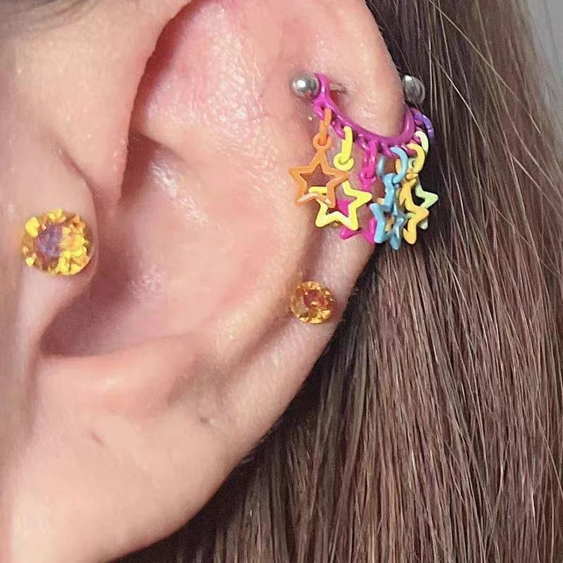 Punk Dopamine Shiny Star Tassel Colored Ear Bone Studs for Women Creative Allergy Prevention Earrings Jewelry Gifts