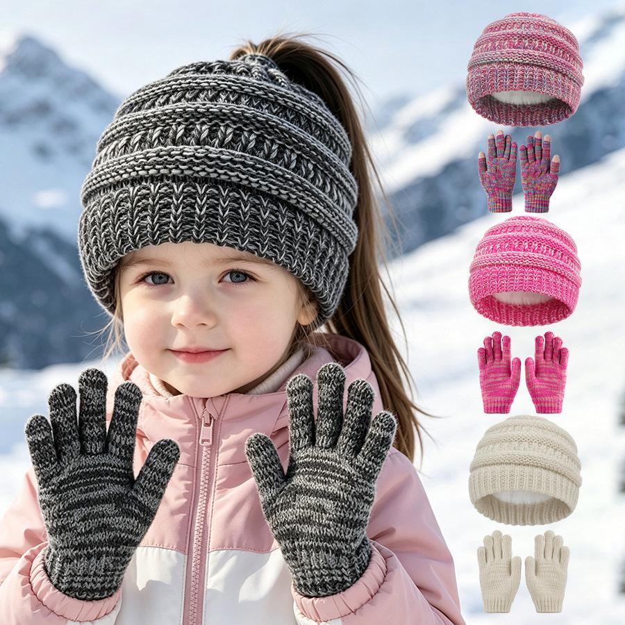 Kinderen Winter Warm Gebreide Set Pompon Muts Sjaal Handschoenen 3-Delige Set Of Enkele Muts Winddicht Oorbescherming Voor Jongens Meisjes Koud Weer Buiten