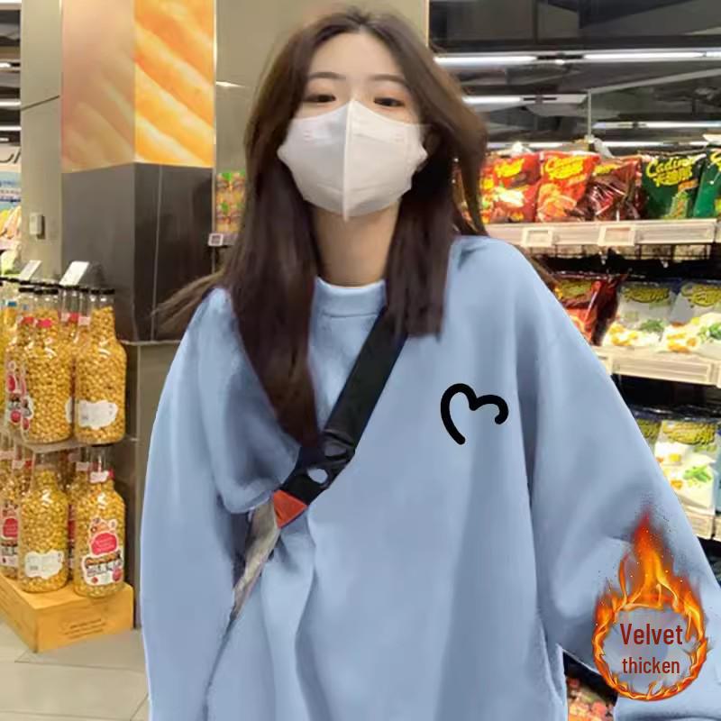 Dámská plus sametová evropská modrá mikina s kulatým výstřihem - Jaro/Podzim 2024 Volný střih top