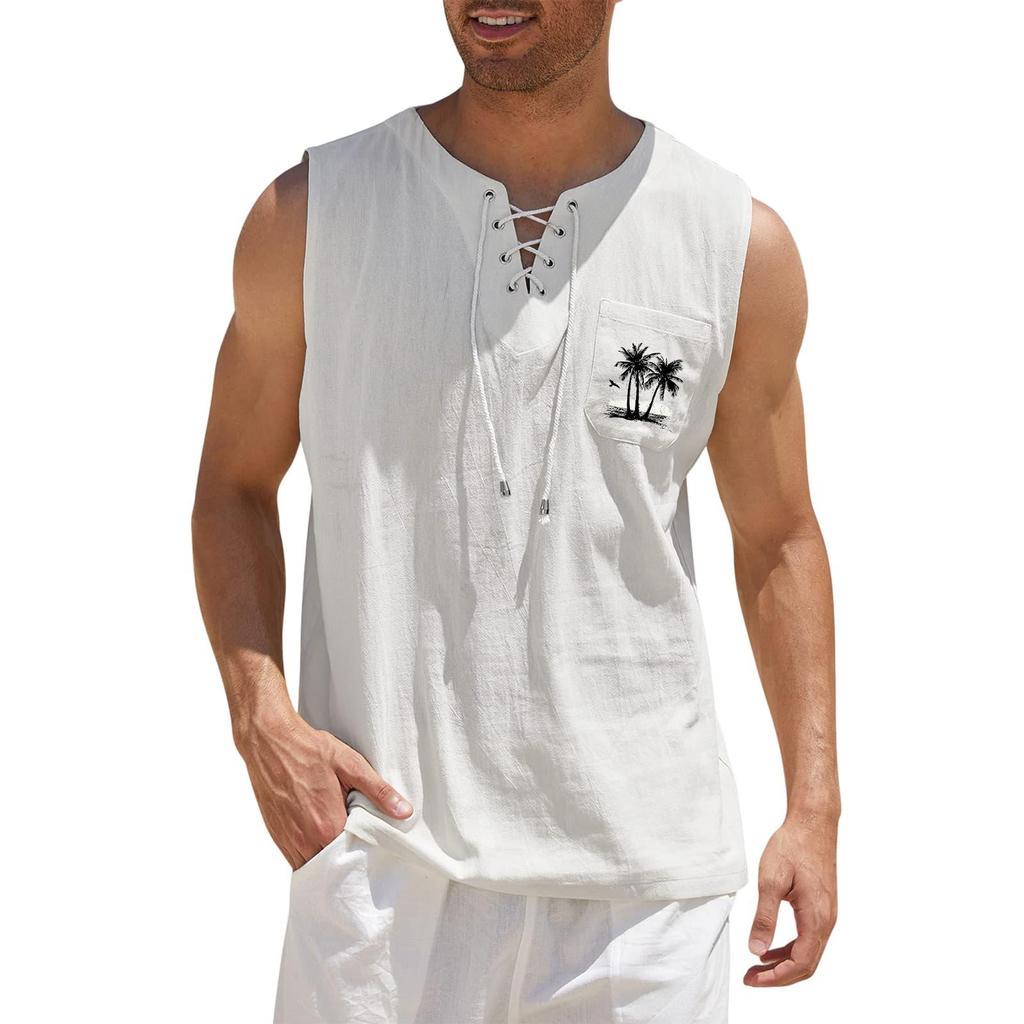 Men's Hawaiian Print Tank Top, Loose Fit Sleeveless Shirt with Adjustable Tie, Casual Beach Summer Top