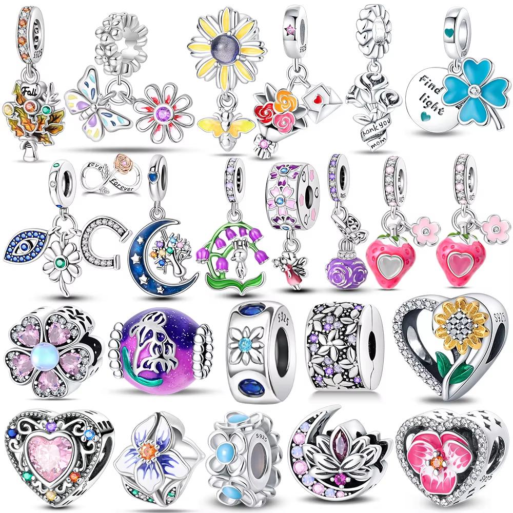 Charm Bead Charms Copper Authentic Heart Plant Lily of The Valley Rose Shamrock Bead Charms Compatible With Bracelets Jewellery Women Diy Gift