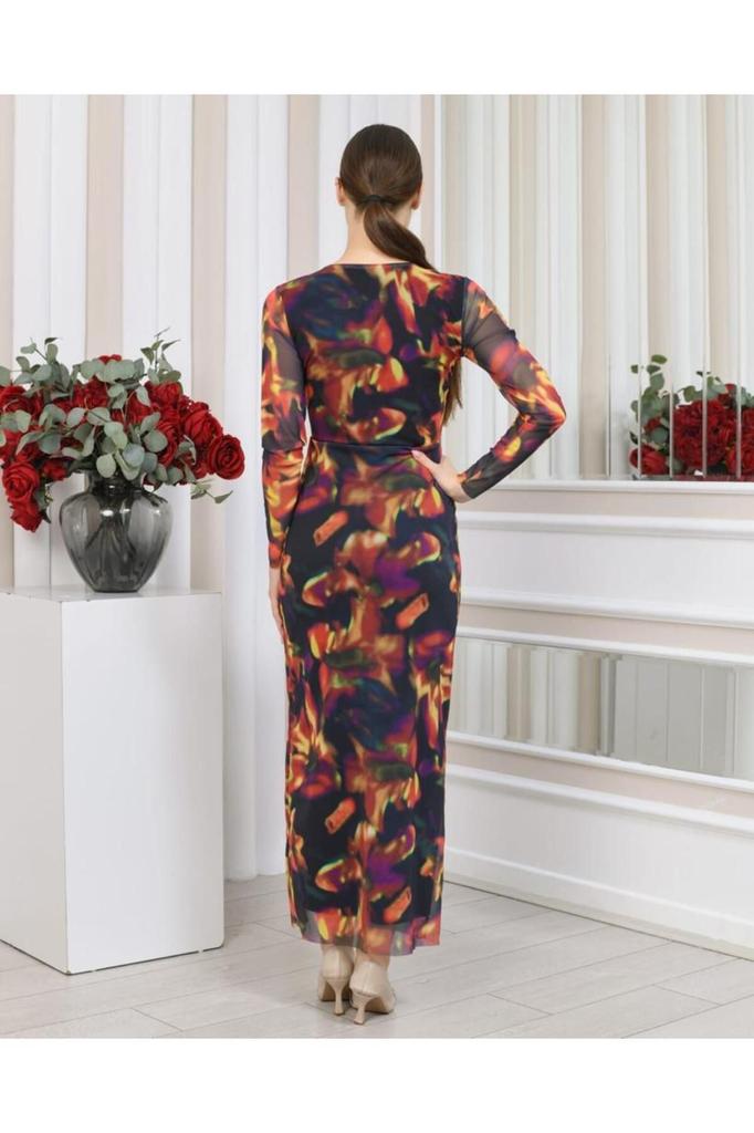 Women's Big Size Dress V-Neck Lycra Printed Tulle Dress