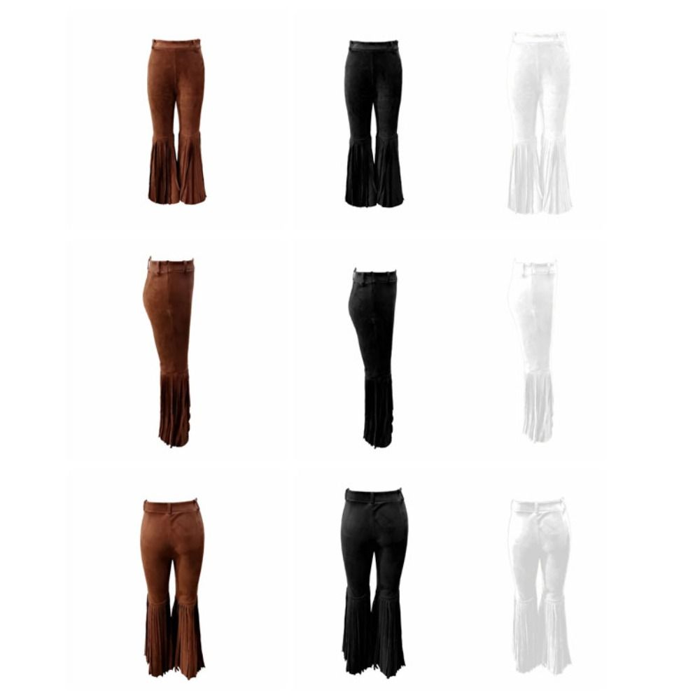 Solid Color Suede Tassel Pants Fringe Hem Slim Fit Flare Pants Retro High Waist Trousers  Party