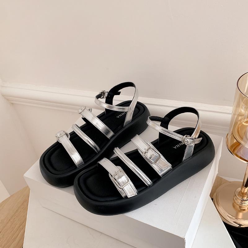 

Silver sandals women s summer outer wear new flat bottom word belt casual beach shoes platform sandals women 40 чорний
