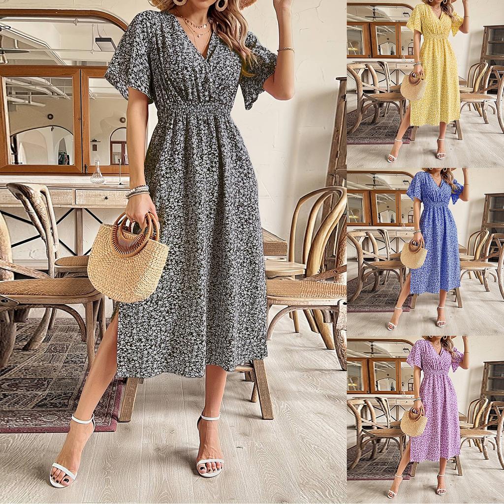Women's V-neck High Waist A-line Floral Print Dress