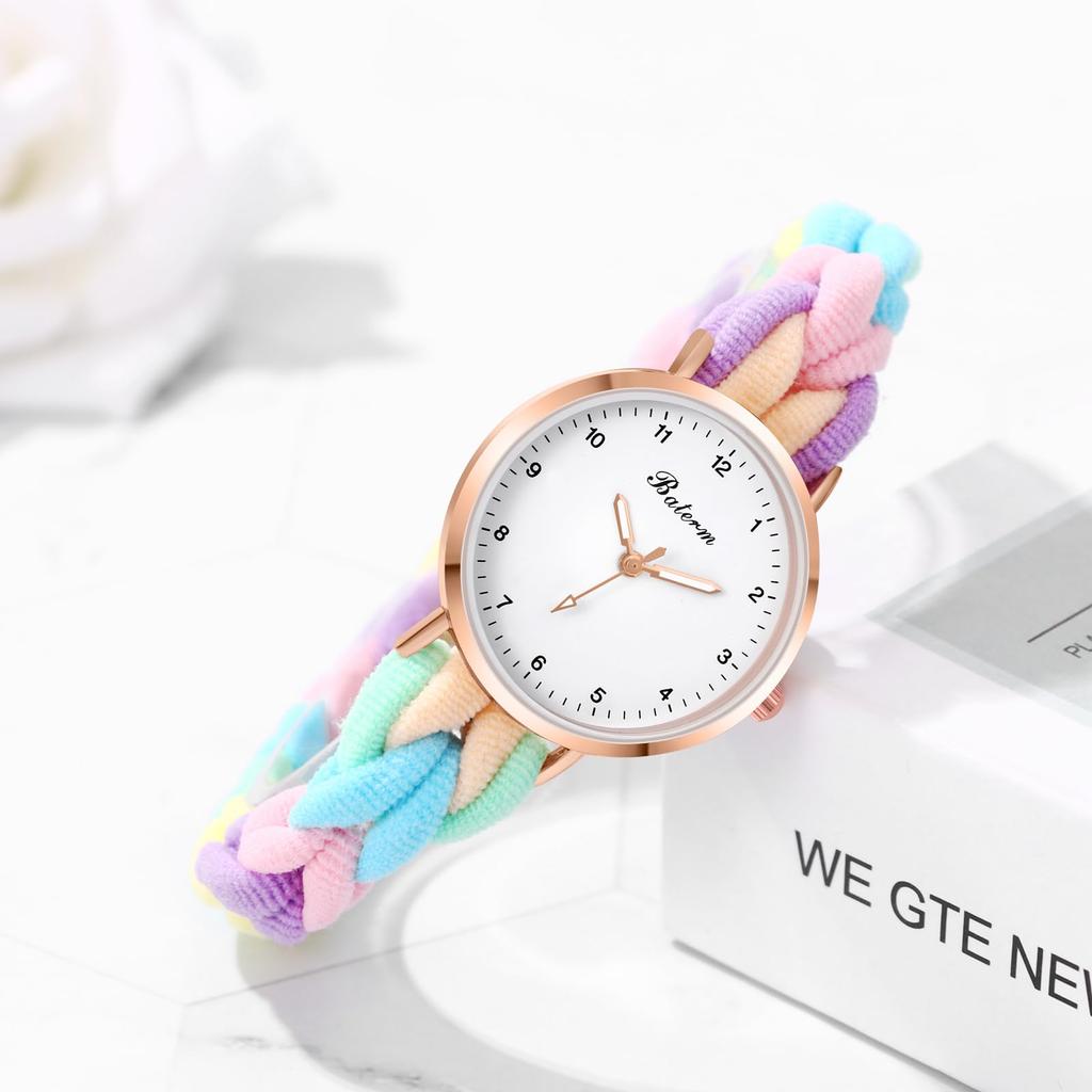 Wristwatch with Braided Hair Colorful Quartz Analog Arabic One Size Fits Casual Day Gift Women's Band, Stretchable, Waterproof Bracelet, Ring,