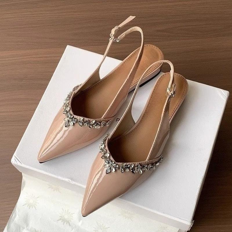 2026 New Patent Leather Pointed Toe Rhinestone Baotou Sandals Women's New Soft Sole Shallow Mouth Back Empty Single Shoes
