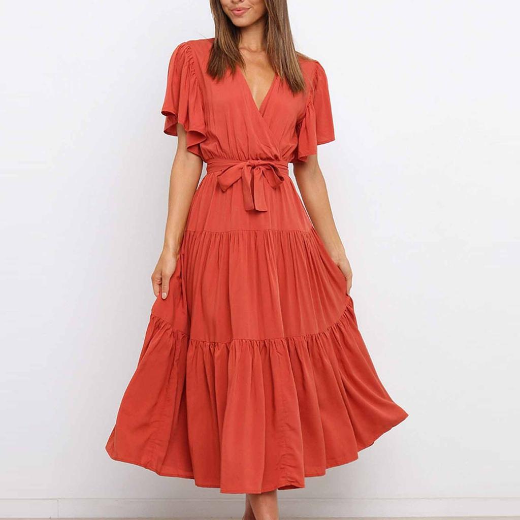Women's Casual Fashion Color V-neck Lace-up Flared Sleeve Splicing Dress