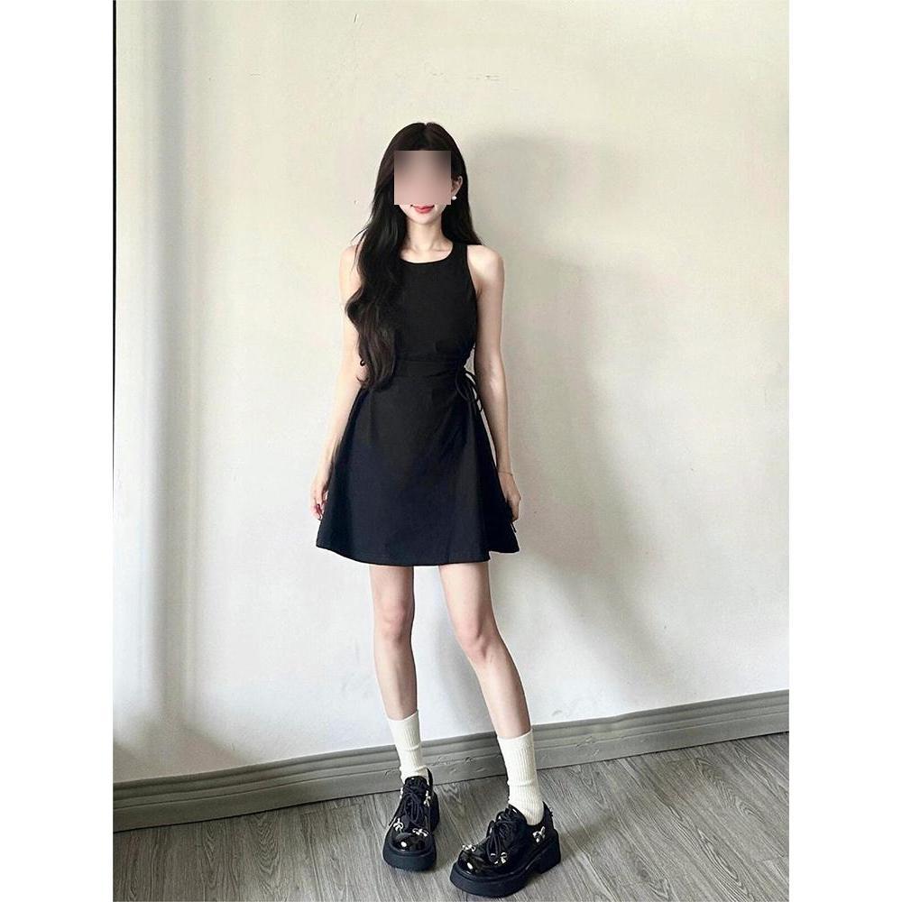 Salt Fried Street Sleeveless Vest Black Dress Casual Summer Lace-up Thin Milk Small A-word Short Skirt