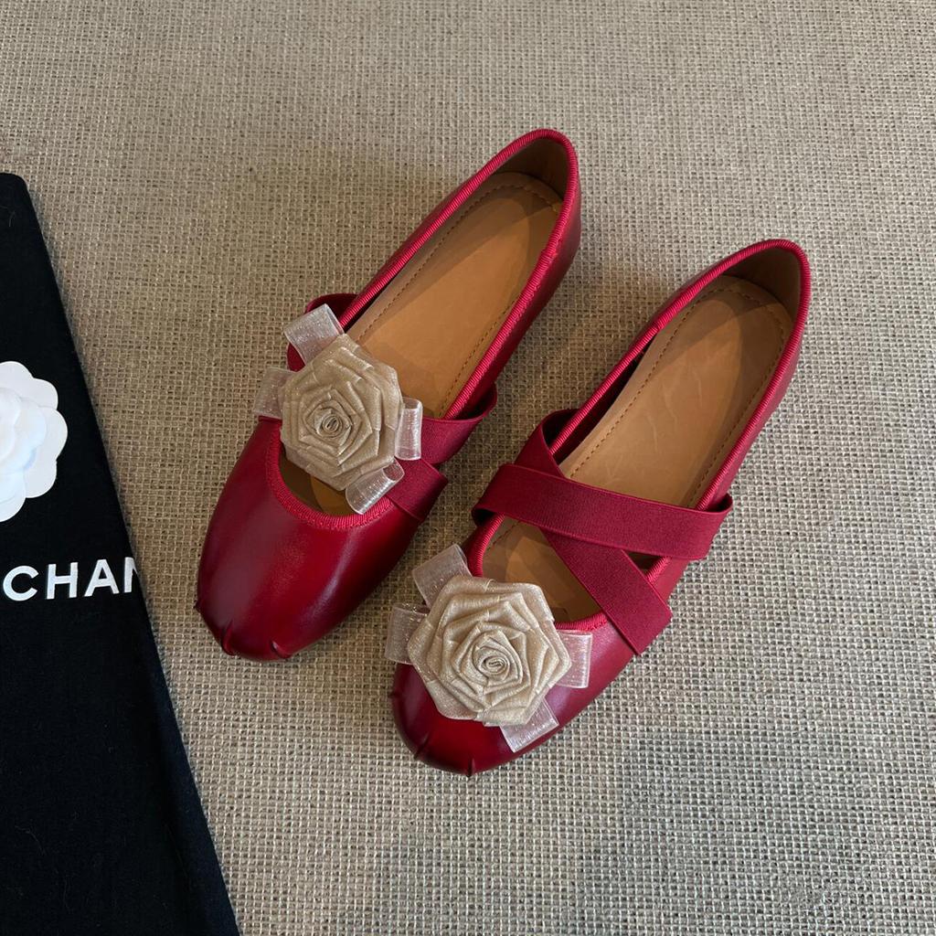 Fashion Women's casual light yellow round toe shoes retro camellia flat bottom cross with shallow mouth simple comfortable single shoe