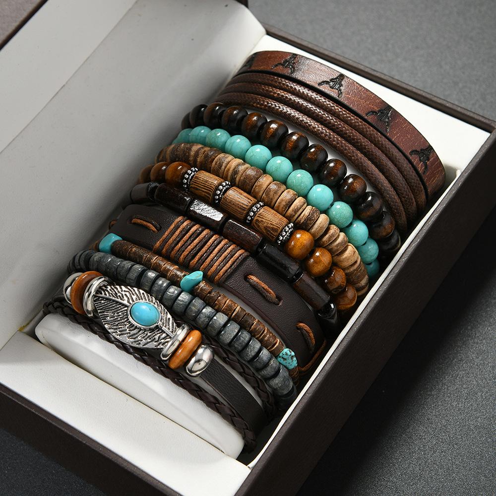 Perles en bois de coquille de noix de coco Perles Bracelets Bracelets en cuir pour hommes et femmes Ensemble de 11 pièces