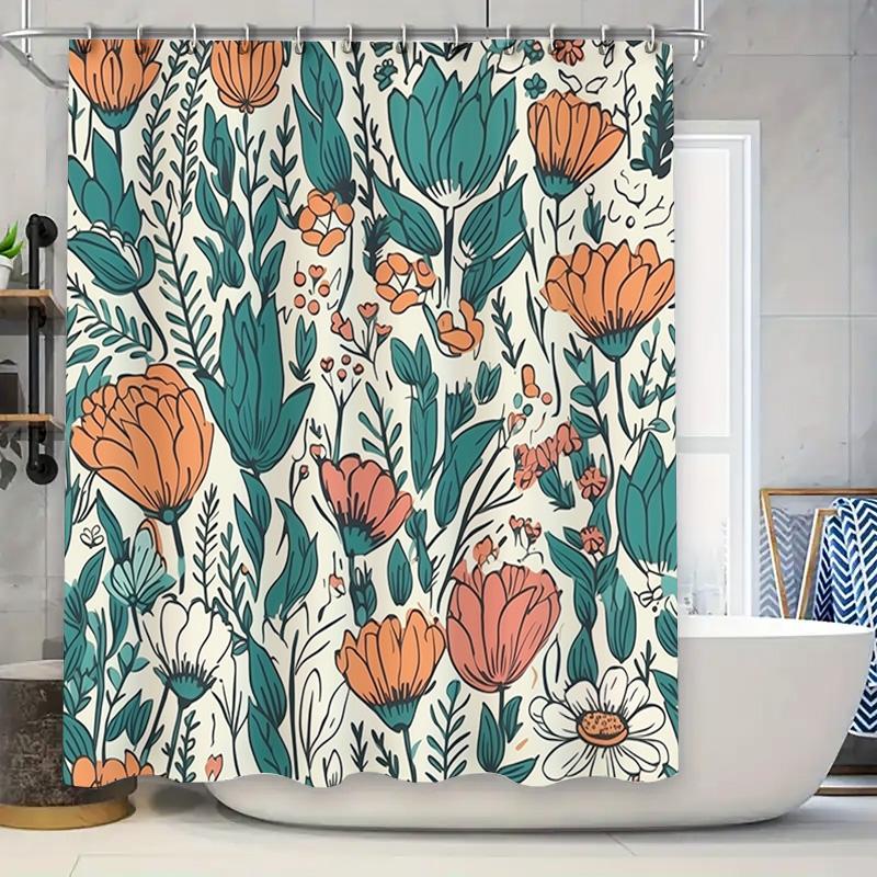 

Floral Print Shower Curtain Waterproof Bathroom Decor Fabric Shower Caves With Hooks, Green Orange 3D Pattern (72X84 Inches) W60H190(CM)-1 Pcs