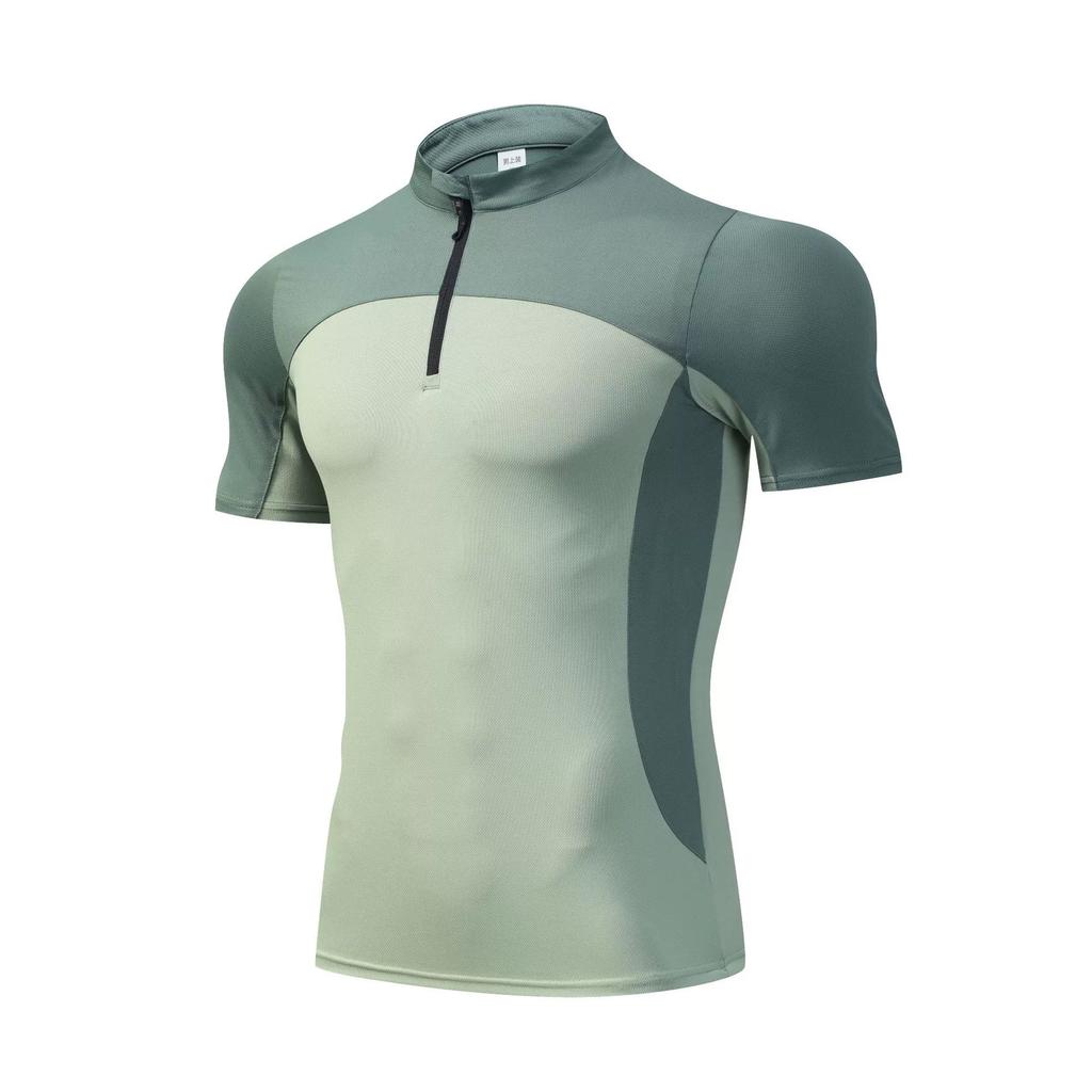 Fitness Running Sports Short Sleeved T-shirt Men's Stand Up Collar Half Zipper High Elasticity Breathable Outdoor Quick Drying Clothes
