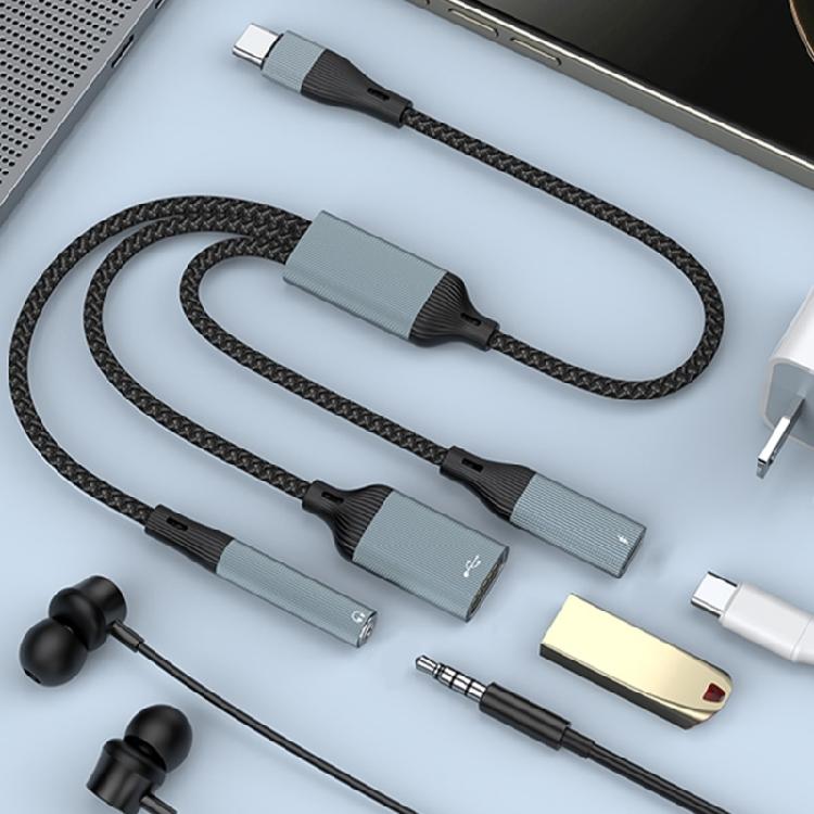 USB Type C 3 In 1 Expansion Cable 3.5mm Sound PD60W Fast Charging OTG Data Cable for Notebook and Tablets