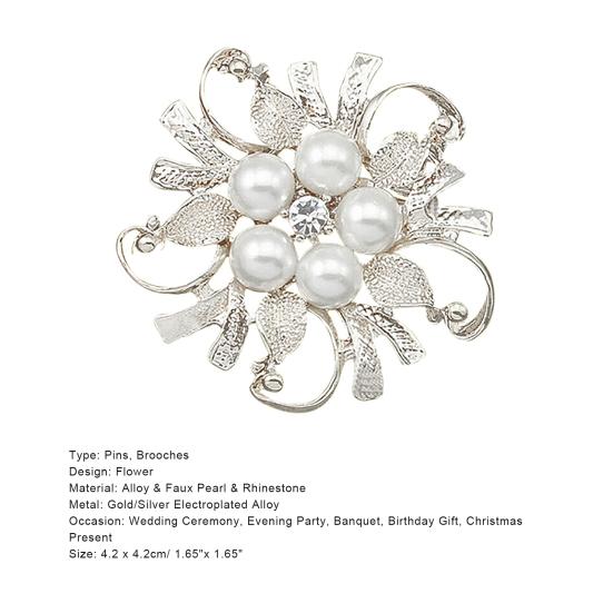 Women Breastpin Elegant No Deformation Flower Rhinestone Faux Pearl Brooch Pin for Party Dating