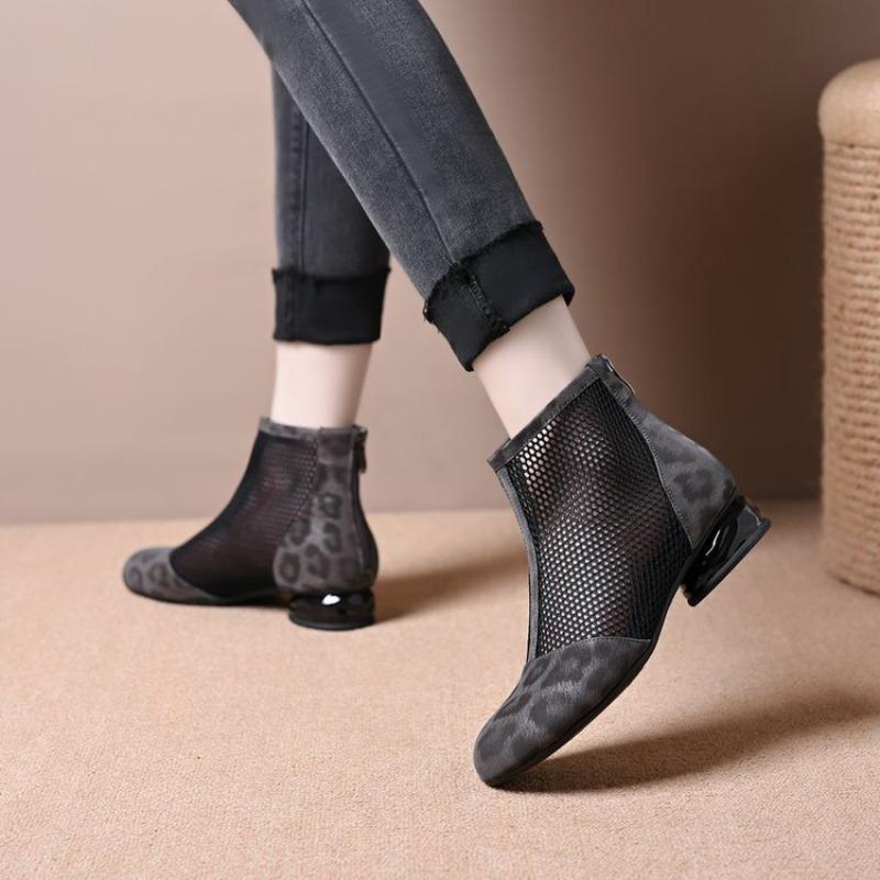 2025 Summer Luxe Sandals for Woman Chaussures Femme Square High Heel Leopard Women Mesh Suede Ankle Boots Sandalias De Mujer