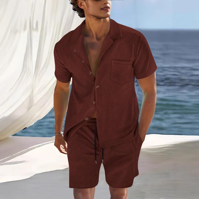 Men S Summer Thin Short Sleeve Cuban Collar Shirt And Shorts Casual Two Piece Set
