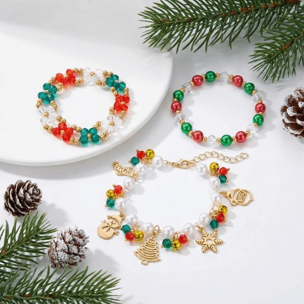 Layered Christmas Bracelet Set Red Green Stackable Bracelets Sweet Beaded Hand Chain  Holiday Party