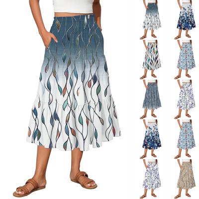 Damen Vintage Farbverlauf Druck Fließender Ausgestellter Rüschen A-Linien Maxi Rock