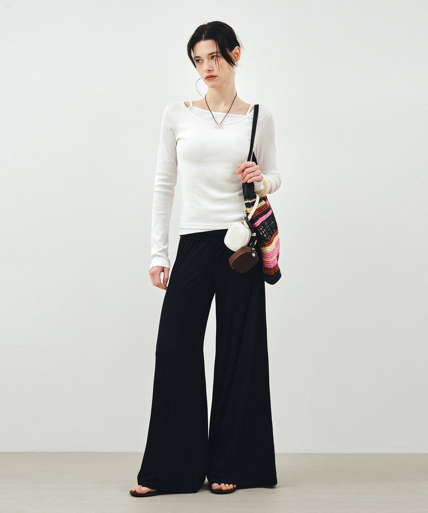 Mongdol Foldable Elastic Waist Wide Pants Black Mdpt083Black