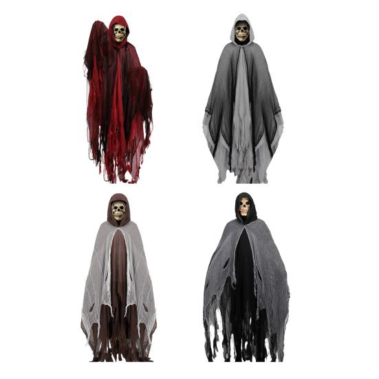 Halloween Grim Reaper Costume Black Hooded Cloak with Skull Masque Vintage Medieval Cape for Adult Cosplay Props