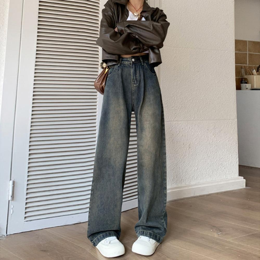 American Retro Wide-leg Jeans Women's Autumn and Winter New Small Cement Gray Loose Straight Jeans