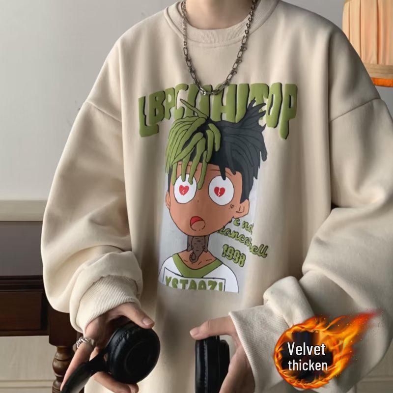 Men's American Cartoon Hip Hop Plus Velvet Thickened Hoodie - Round Neck Autumn Winter Outerwear