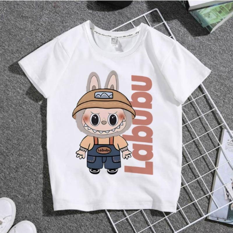 

Оригинальная детская футболка Labubu для мальчика и девочки, кавайная футболка с аниме-принтом, с коротким рукавом, летняя, модная, повседневная, топ, детская одежда Labubu, подарок 110