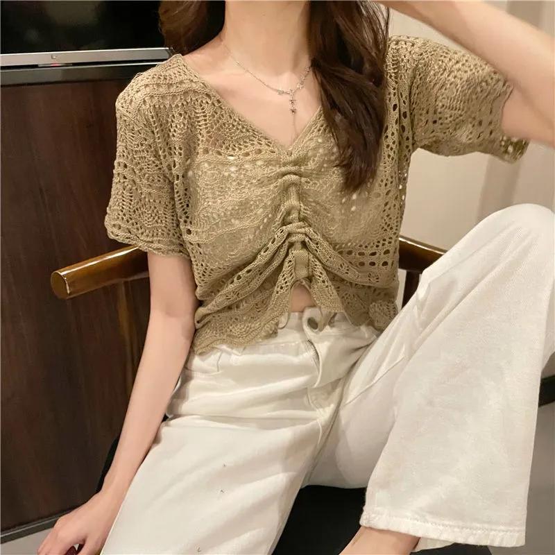 

Літній жіночий топ із V-подібним вирізом і порожнистим трикотажем із короткими рукавами One Size кавовий