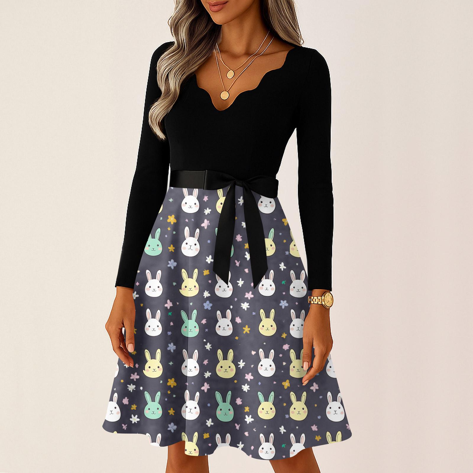 Женское повседневное модное платье с V-образным вырезом и длинными рукавами в стиле ретро с рождественским принтом M чёрный