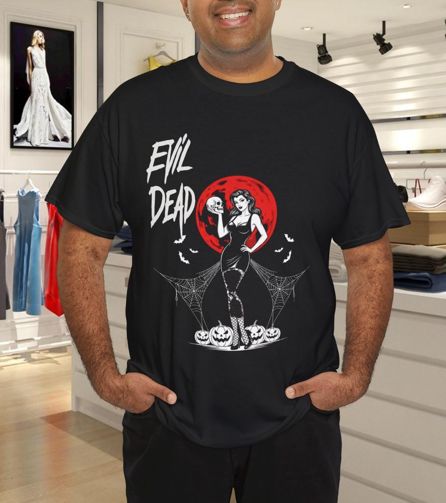 

Evil Dead Gothic Pin-Up Tee – Retro Horror Babe, Red Moon and Halloween Pumpkins 3XL