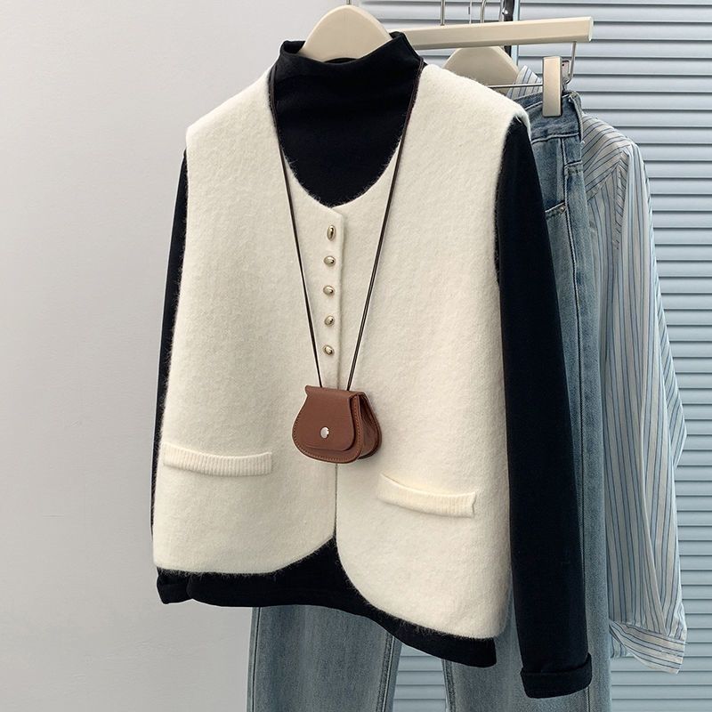 Round Neck Knitted Vest Loose Waistcoat Elegant Sweater Vest Top