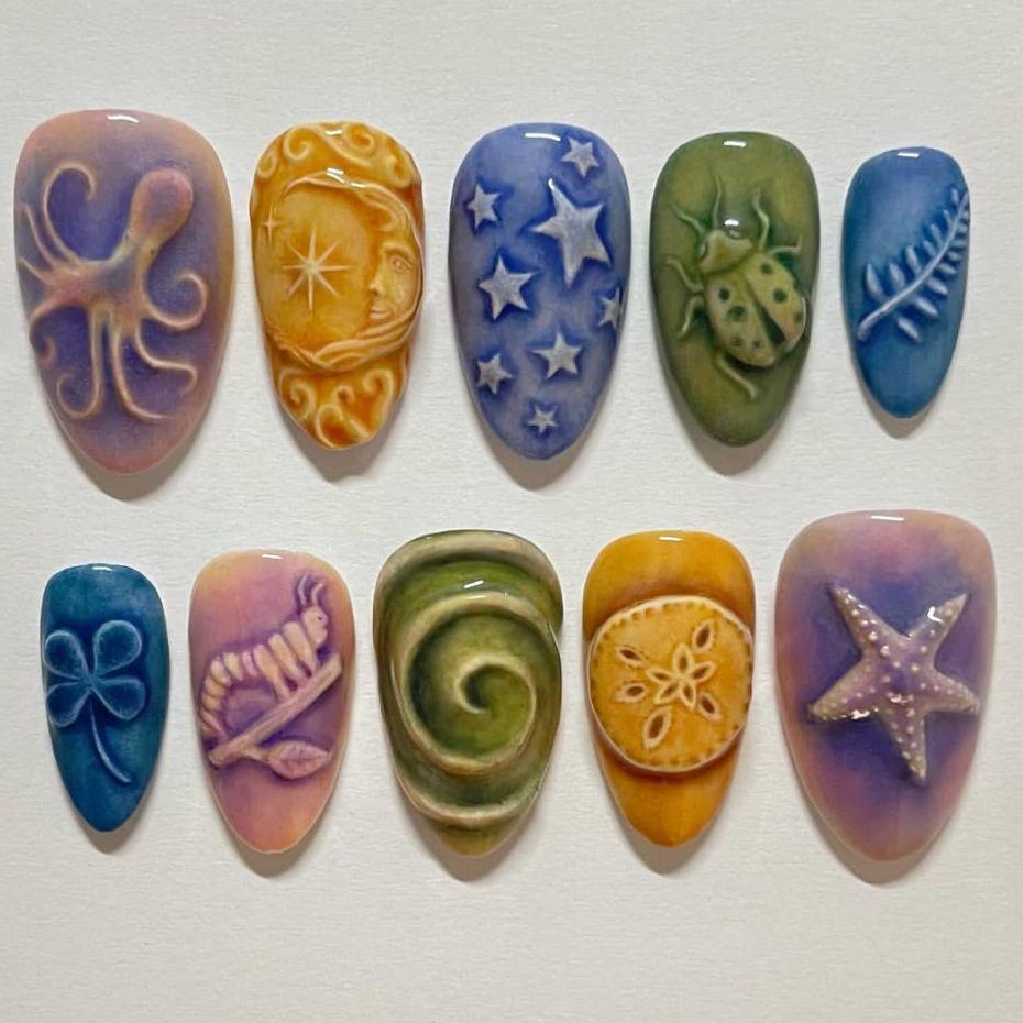 24Pcs Summer Ocean Press On Nails Short Almond Colorful Hand Painted Starfish Flower Design False Nails