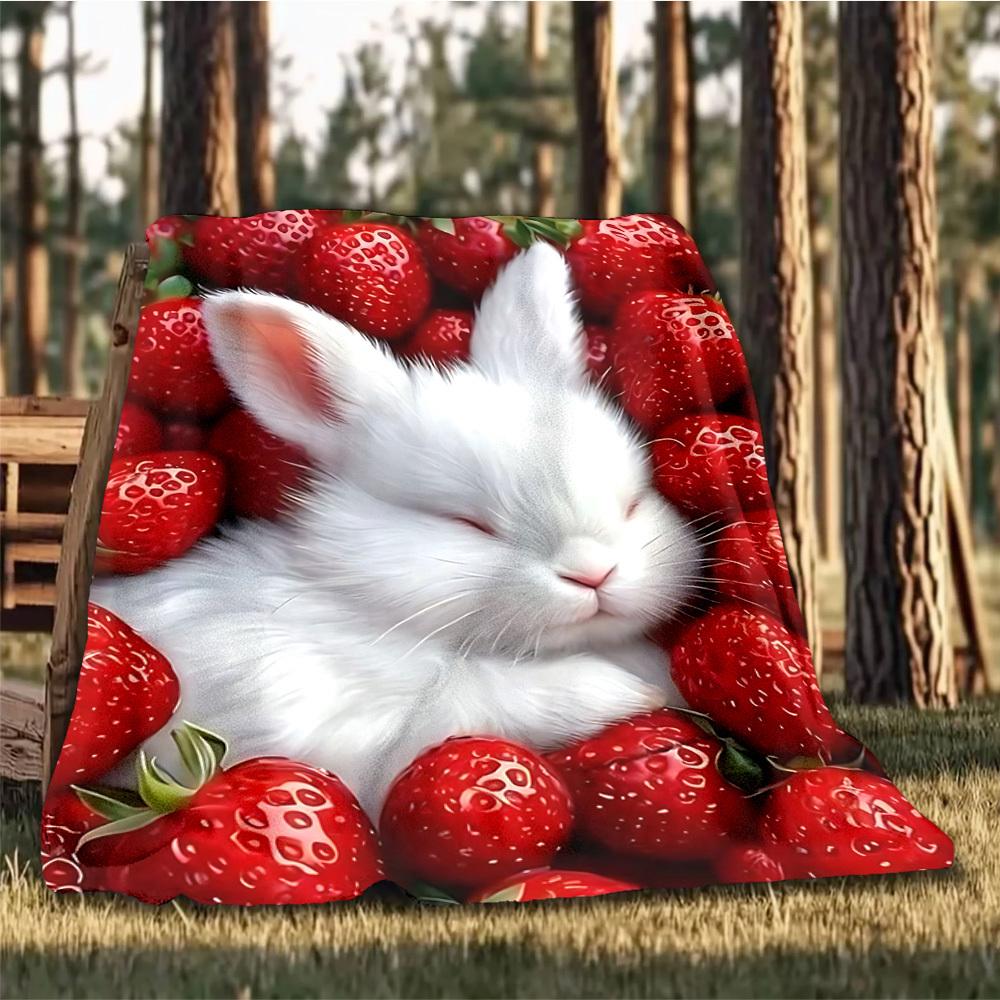 1pc Strawberry Bunny Outdoor Flannel Blanket , Machine Washable Perfect Gift for Birthday , Holiday Travel Accessory , Durable Material