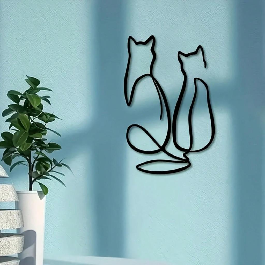 Simple Lines Art Metal Wall Decor Geometric Animal Cat Love Theme Mural