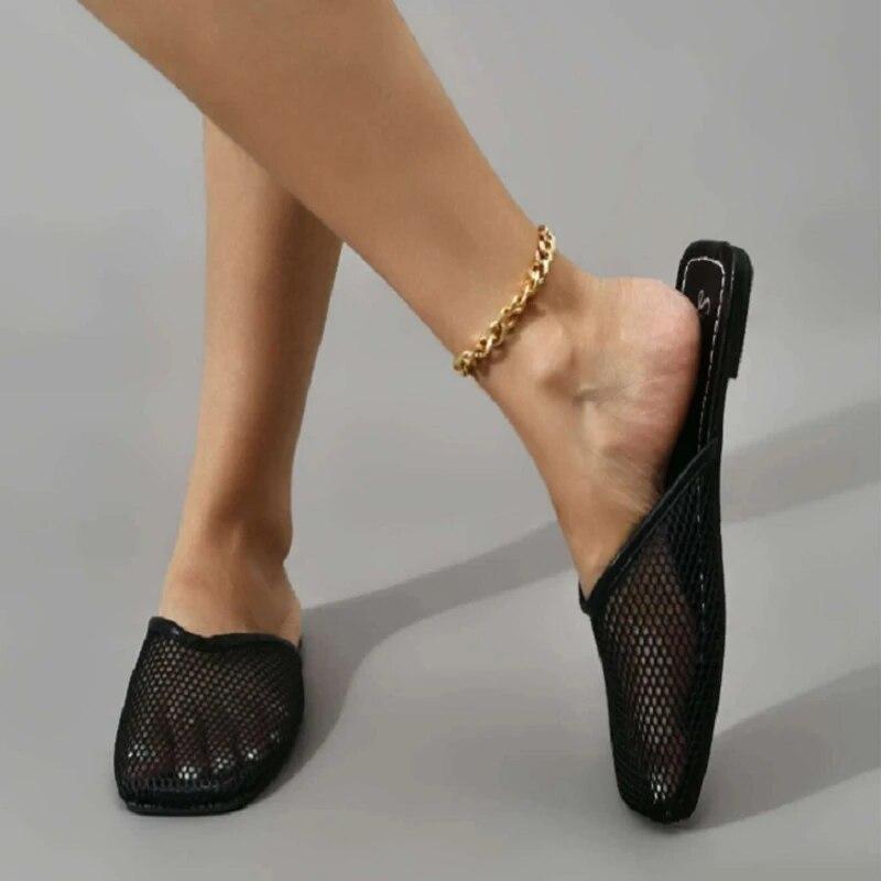 Order A Size Up,Summer Women Slippers Sexy Mesh Mules Indoor Home Slides Square Toe Female Flats Shoes Outdoor Clogs Beach Sandals Flip Flops 43