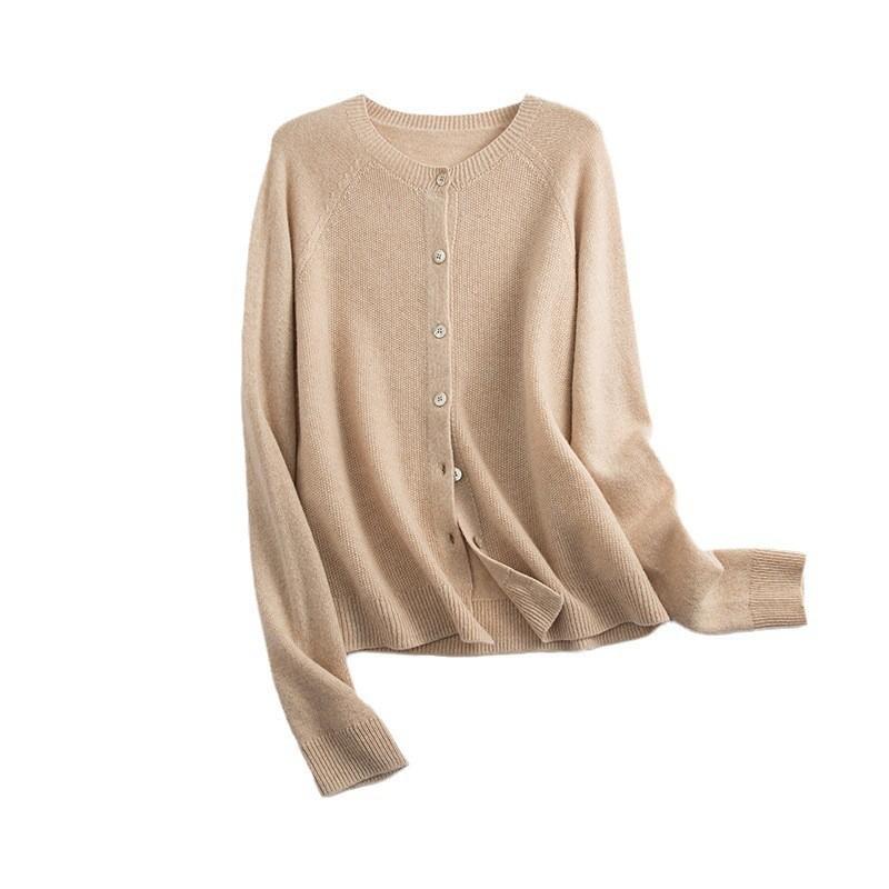 0 Wollstrickjacke Damen Rundhalsausschnitt nahtlos gestrickte Jacke lockerer Rückstrickpullover mit dünnen Herbst-Neuheiten