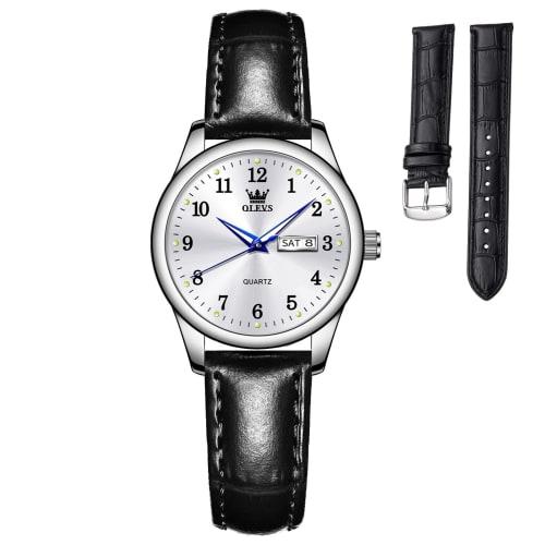 

Популярные женские водонепроницаемые аналоговые кварцевые часы OLEVS с серебристым циферблатом и черным кожаным ремешком, отображение даты, легкие, легко читаемый серебристый циферблат, Lu