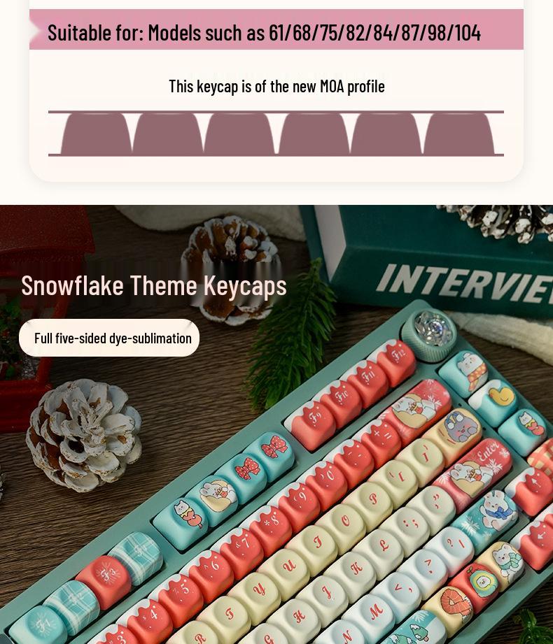 MOA New Year Snowflake Themed PBT Keycaps - Dye-Sublimation Mechanical Keyboard Gift Set, USB Compatible.