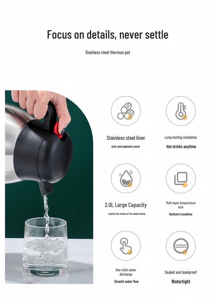 European Style 2L Stainless Steel Thermos Flask - Double-layer Vacuum Insulated Coffee Pot, Household Hot Water Bottle with Custom Logo.