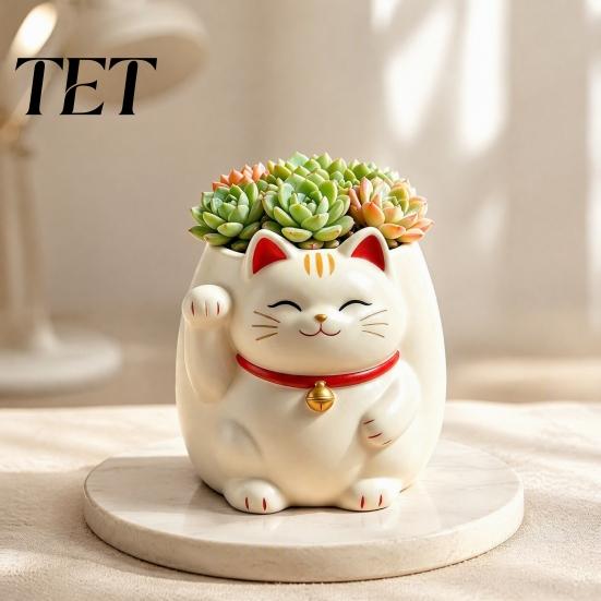 Fortune Cat Statue Planter Cute Planter, Resin Beckoning Kitty Flower Pot, Auspicious for Succulents Cartoon Plant Pot Succulents, Indoor Office Desk