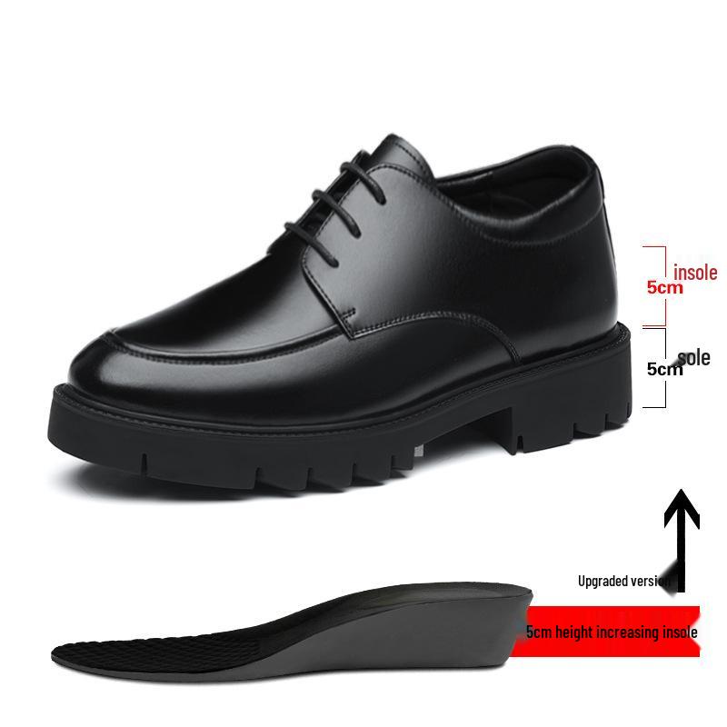 Men's Formal Leather Shoes, Autumn Style, 8CM Inner Lift, Thick Sole, Lace-up, Trendy Big Toe Design.