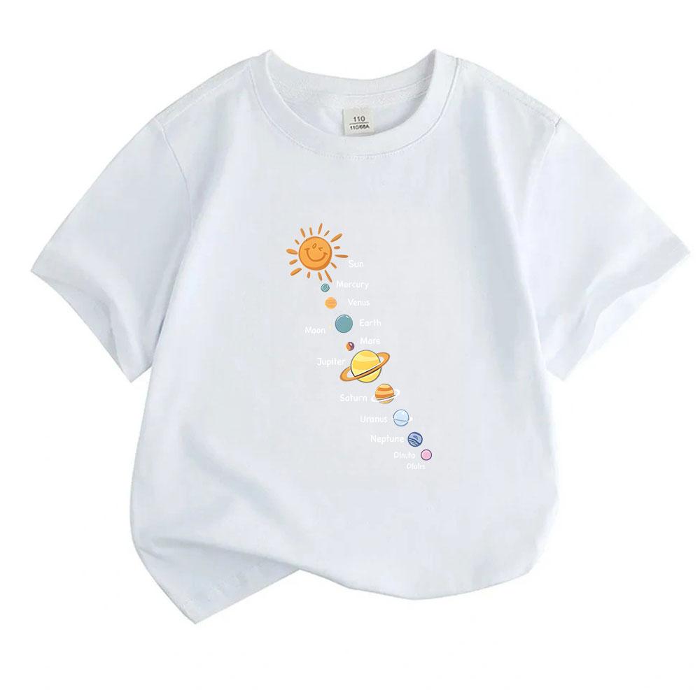 Kids Boys Girls 100% Cotton Crew Neck Short Sleeve T-Shirt, Cute Cartoon Solar System Sun Planets Print Casual Soft Breathable Tee for Children Daily
