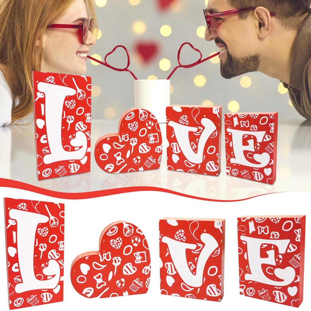 LOVE Letter Ornaments Wedding Red Square Ornaments Home Couple Wooden Crafts Decoration