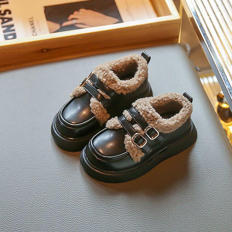 Girls cotton shoes plus cotton princess shoes 2025 autumn and winter British style warm Doudou shoes thickened soft-soled little girls leather boots